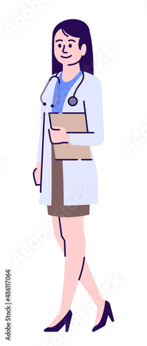 Medical field career semi flat RGB color vector illustration. Female physician holding tablet isolated cartoon character on white background