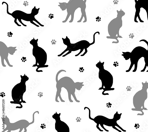 Pattern of black and gray cats silhouettes and their traces  on  white background. Hand drawn. 