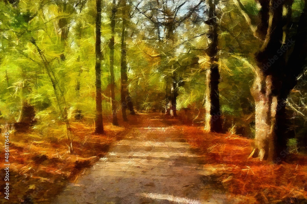 Obraz premium landscape view oil painting with real texture brush strokes effect. Contemporary impressionism mixed style wall art print. Travel nature scene. Vacation postcards wall art print design beauty artwork.