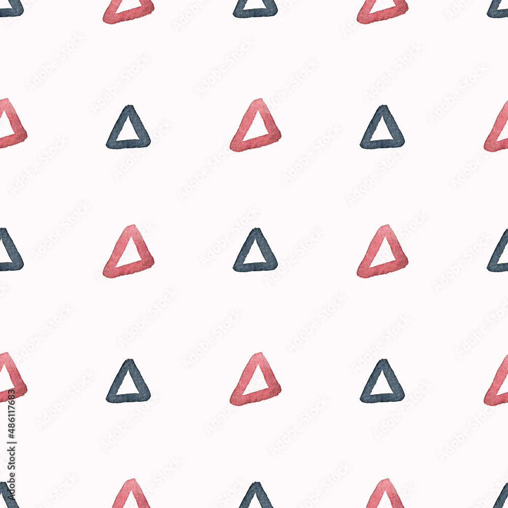 Seamless pattern with pink and gray triangles on a white background. Watercolor illustration. Printing on fabric. Packing paper. Wallpaper. Design. Art. Abstraction. Brush. Handmade work. Geometry. Seamless pattern with pink and gray triangles on a white background. Watercolor illustration. Printing on fabric. Packing paper. Wallpaper. Design. Art. Abstraction. Brush. Handmade work. Geometry.
