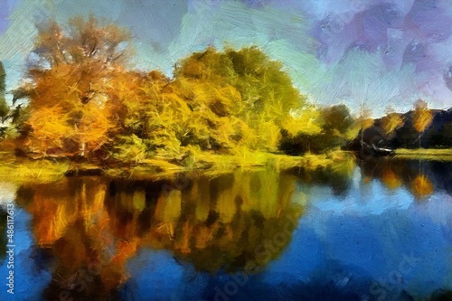 landscape view oil painting with real texture brush strokes effect. Contemporary impressionism mixed style wall art print. Travel nature scene. Vacation postcards wall art print design beauty artwork.