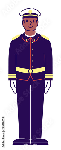 Service member semi flat RGB color vector illustration. Job position. Male marine officer wearing uniform isolated cartoon character on white background