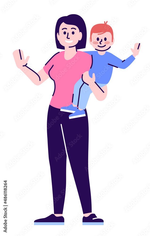 Nanny career semi flat RGB color vector illustration. Happy mother holding toddler in arms isolated cartoon character on white background