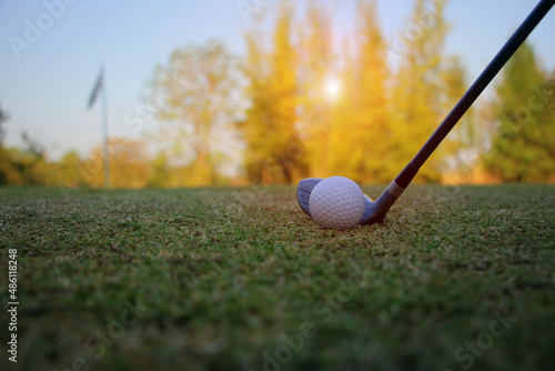 Blurred golf balls and golf equipment are ready to hit the sunlit green lawns in summer.Golf course and ball in the grass Ready for golf players to start playing.
