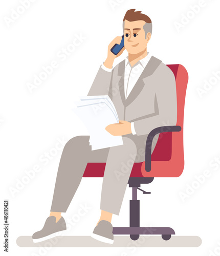 Busy chief executive officer semi flat RGB color vector illustration. Middle aged man in suit taking business call isolated cartoon character on white background