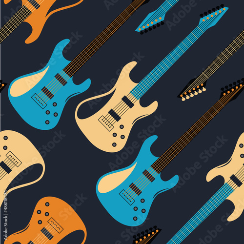 Guitars. Musical instruments seamless pattern in the style of rock, jazz, rock n roll. Vector image.