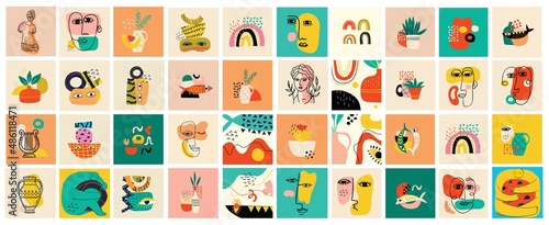 Fototapeta Naklejka Na Ścianę i Meble -  Big Set of Different colored Vector illustartions for posters in Cartoon Flat design. Hand drawn Abstract shapes, faces, different texture, greek elements, funny Comic characters.