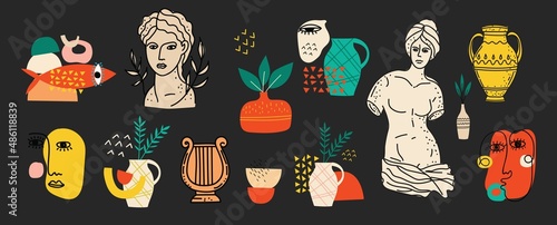 Various Antique statues Mythical, ancient greek style. for Trendy Greek poster design. Modern Hand drawn Vector illustration vector illustrations