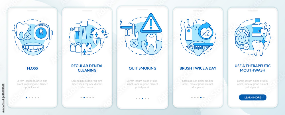 Periodontal disease prevention blue onboarding mobile app screen. Walkthrough 5 steps graphic instructions pages with linear concepts. UI, UX, GUI template. Myriad Pro-Bold, Regular fonts used Periodontal disease prevention blue onboarding mobile app screen. Walkthrough 5 steps graphic instructions pages with linear concepts. UI, UX, GUI template. Myriad Pro-Bold, Regular fonts used