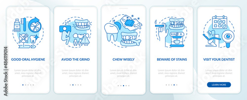Dental veneers aftercare blue onboarding mobile app screen. Chew wisely walkthrough 5 steps graphic instructions pages with linear concepts. UI, UX, GUI template. Myriad Pro-Bold, Regular fonts used