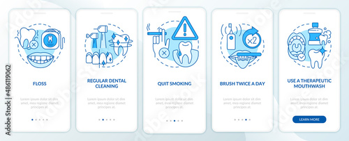 Periodontal disease prevention blue onboarding mobile app screen. Walkthrough 5 steps graphic instructions pages with linear concepts. UI, UX, GUI template. Myriad Pro-Bold, Regular fonts used