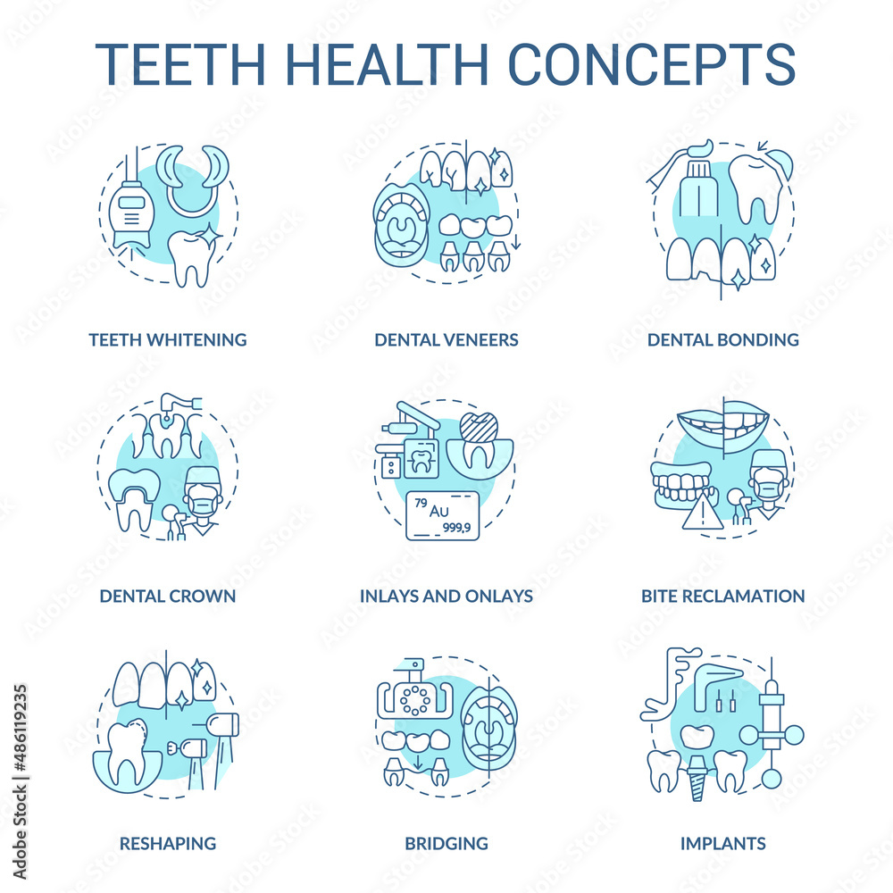 Teeth health turquoise concept icons set. Regular dental visit idea thin line color illustrations. Implants installment. Isolated symbols. Editable stroke. Roboto-Medium, Myriad Pro-Bold fonts used
