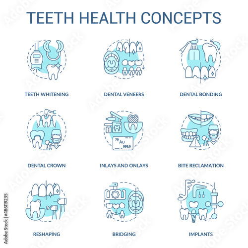 Teeth health turquoise concept icons set. Regular dental visit idea thin line color illustrations. Implants installment. Isolated symbols. Editable stroke. Roboto-Medium, Myriad Pro-Bold fonts used