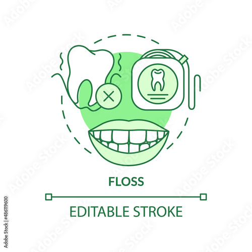 Floss green concept icon. Preventing gum disease abstract idea thin line illustration. Using interdental cleaner. Isolated outline drawing. Editable stroke. Arial, Myriad Pro-Bold fonts used