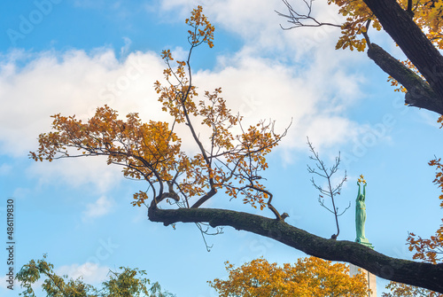 Statue of liberty seen through branches of oak trees in central park of Riga - the capital of Latvia. Monument symbolizing independence and sovereignty of Latvia, it was built in 1935  photo