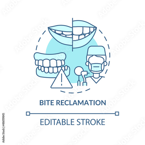 Bite reclamation turquoise concept icon. Aesthetic dentistry abstract idea thin line illustration. Orthodontic treatment. Isolated outline drawing. Editable stroke. Arial, Myriad Pro-Bold fonts used