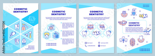 Cosmetic dentistry turquoise brochure template. Recovery process. Leaflet design with linear icons. 4 vector layouts for presentation, annual reports. Arial-Black, Myriad Pro-Regular fonts used