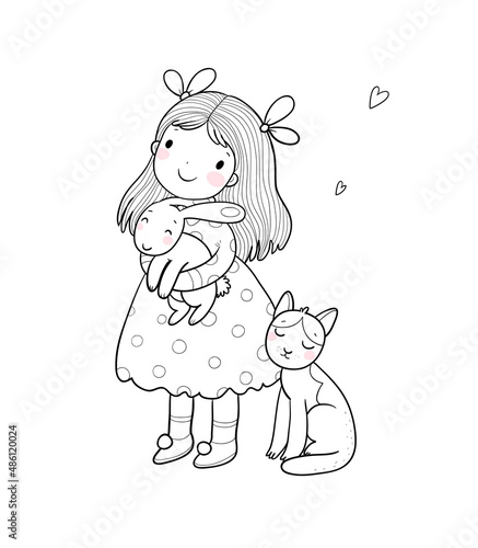  ute cartoon girl with a cat and a rabbit. Baby with animals. Illustration for colorin book