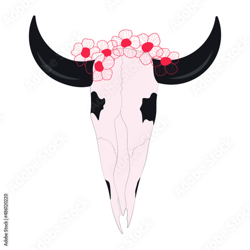 skull of horn animal with flower wreath, boho style. merch design for clothes, posters and more