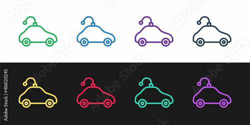 Set line Radio controlled car toy icon isolated on black and white background. Control remote car toy. Vector