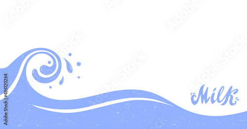 Milk hand lettering and a milky wave in lilac color with texture. Digital vector illustration for packaging banner poster business card ads. Set for milk production