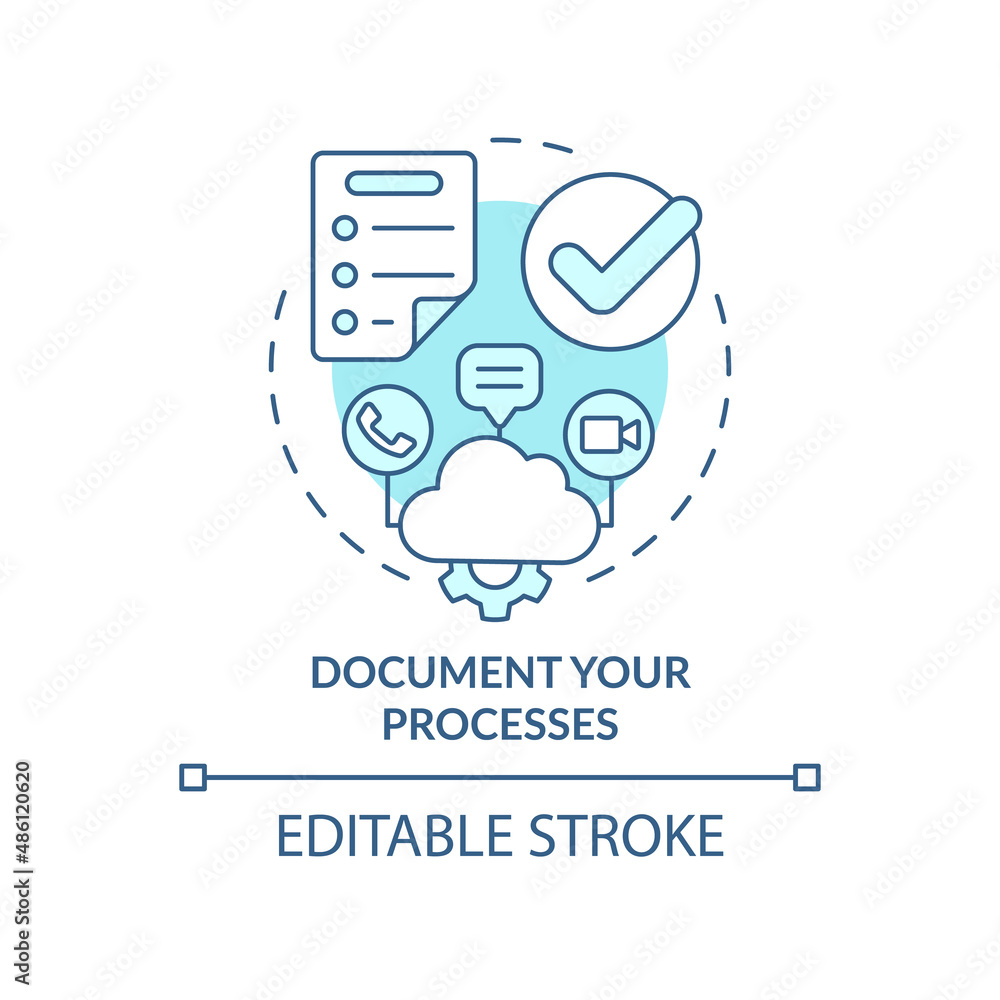 Document your processes turquoise concept icon. Moving to UCaaS system abstract idea thin line illustration. Isolated outline drawing. Editable stroke. Arial, Myriad Pro-Bold fonts used Document your processes turquoise concept icon. Moving to UCaaS system abstract idea thin line illustration. Isolated outline drawing. Editable stroke. Arial, Myriad Pro-Bold fonts used