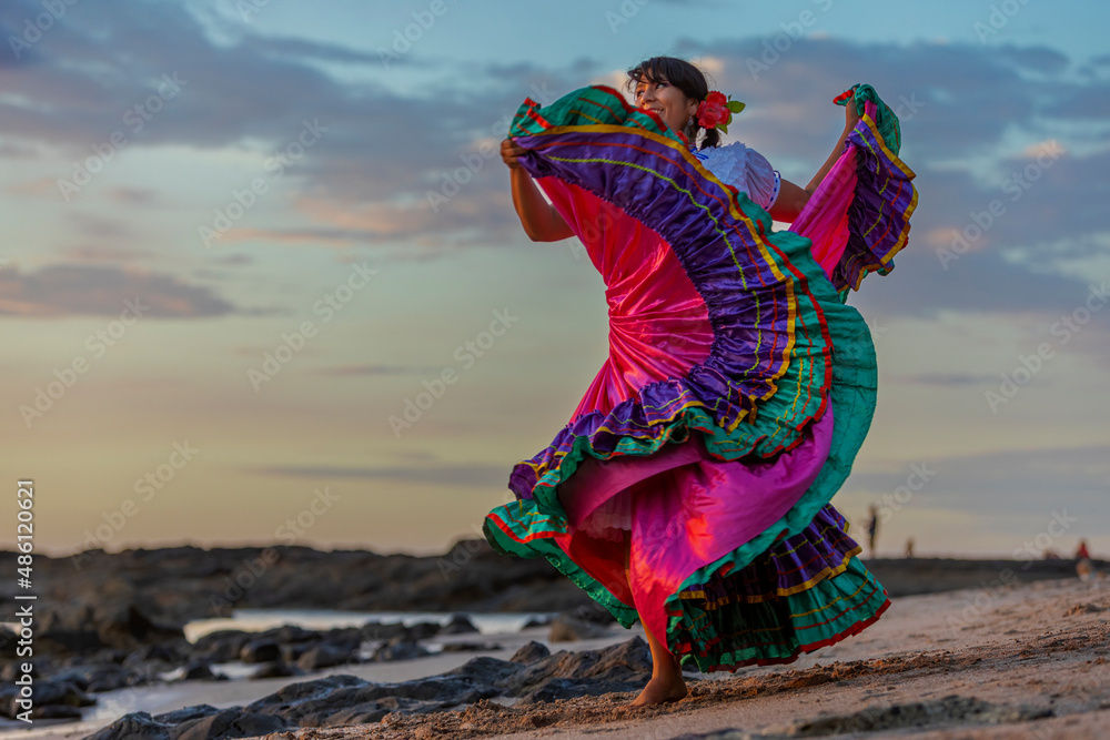 Woman wearing traditional Costa Rican, Guanacaste regional dress - obrazy, fototapety, plakaty 