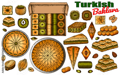 Sketch drawing set of colorful Turkish baklava with pistachio isolated on white background. Engraved baked dessert, tulumba, walnut,Istanbul, cafe menu . Box with oriental sweets. Vector illustration.
