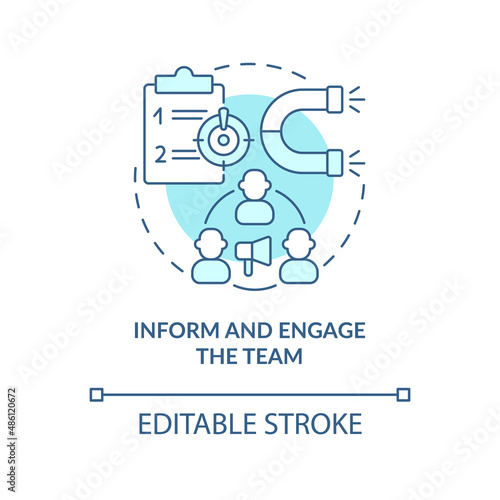 Inform and engage team turquoise concept icon. Communication tool. Move to UCaaS abstract idea thin line illustration. Isolated outline drawing. Editable stroke. Arial, Myriad Pro-Bold fonts used