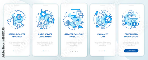UCaaS advantages blue onboarding mobile app screen. Technology walkthrough 5 steps graphic instructions pages with linear concepts. UI, UX, GUI template. Myriad Pro-Bold, Regular fonts used