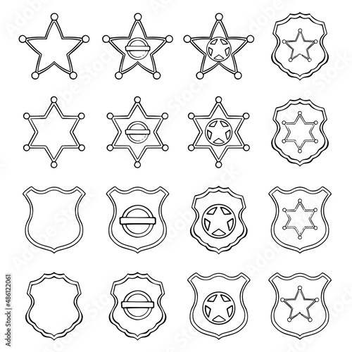Texas sheriff star badges. Old west stars collection hand drawn vector. Black and white outline isolated on white