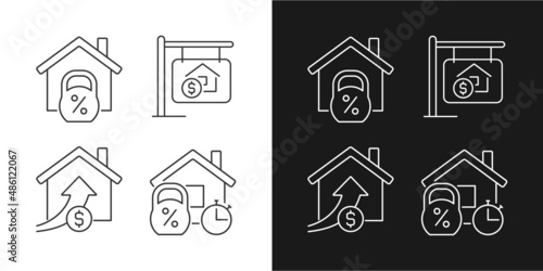 Buying house linear icons set for dark, light mode. Home mortgage. Accomodation purchase. Real estate. Property sale. Thin line symbols for night, day theme. Isolated illustrations. Editable stroke