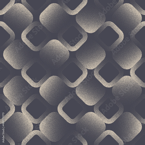 Retro 50s 60s 70s Seamless Pattern Vector Incline Stipple Rounded Squares Abstract Background. Different Faded Dotted Tilt Angle Rectangle Geometric Grid Grey Wallpaper. Old Fashion Art Illustration