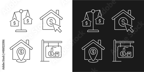 Housing searching linear icons set for dark, light mode. Property comparison. Home location. Real estate website. Thin line symbols for night, day theme. Isolated illustrations. Editable stroke