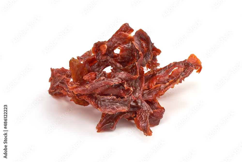 Dried Smoked Salmon Jerky, isolated on white background. Stock Photo