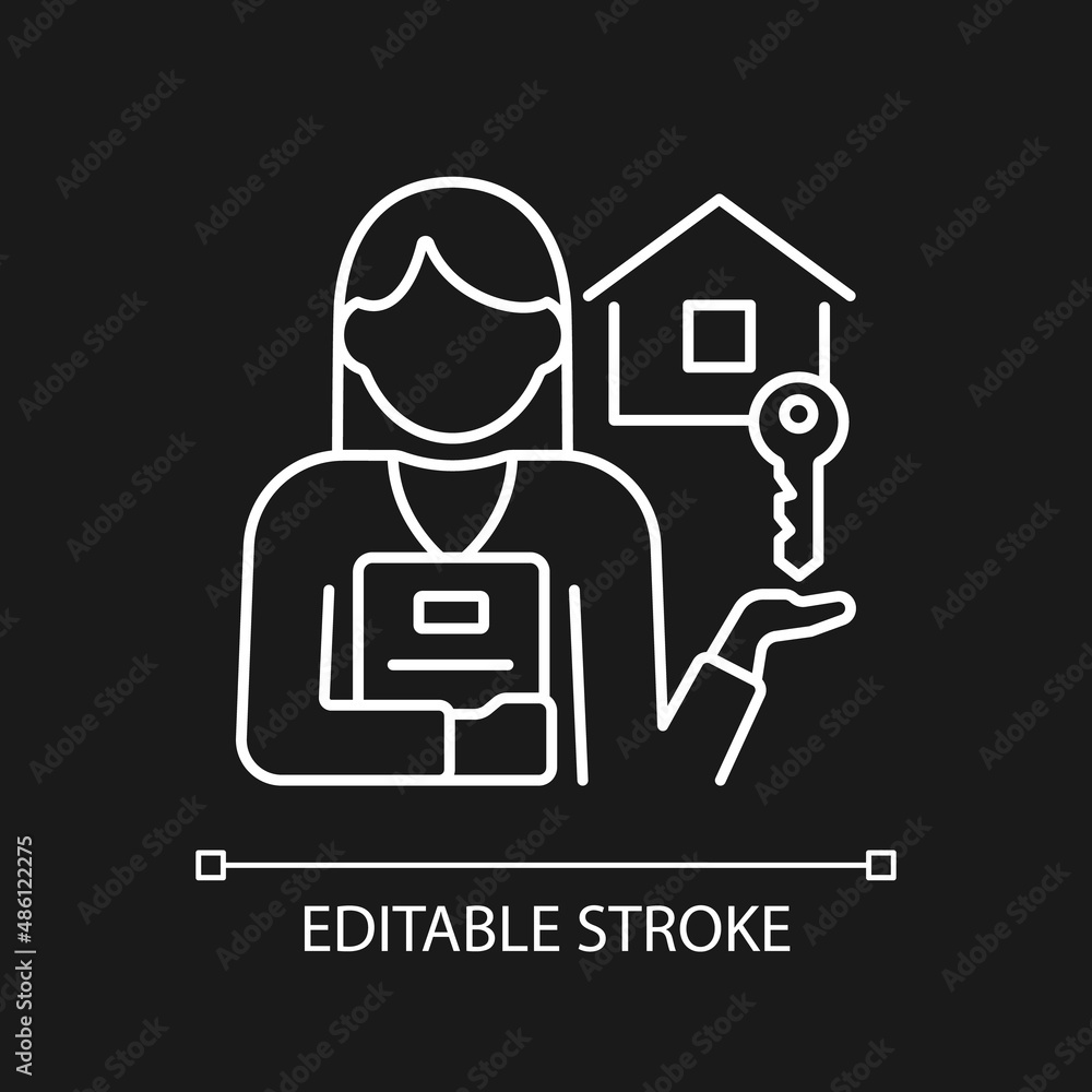 Estate agent white linear icon for dark theme. Real estate broker. Housing assistance and help. Property sale. Thin line illustration. Isolated symbol for night mode. Editable stroke. Arial font used Estate agent white linear icon for dark theme. Real estate broker. Housing assistance and help. Property sale. Thin line illustration. Isolated symbol for night mode. Editable stroke. Arial font used
