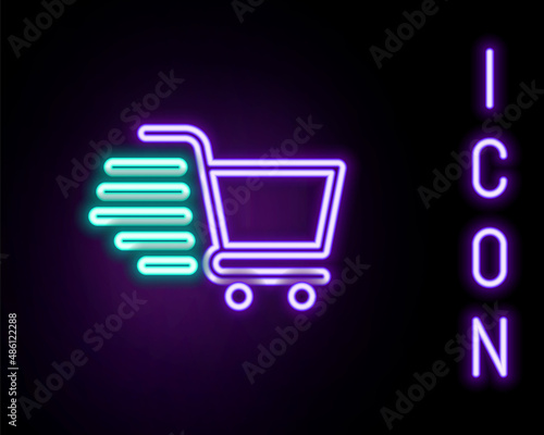 Glowing neon line Shopping cart icon isolated on black background. Online buying concept. Delivery service sign. Supermarket basket symbol. Colorful outline concept. Vector