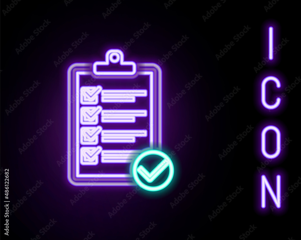 Glowing neon line Verification of delivery list clipboard and pen icon isolated on black background. Colorful outline concept. Vector Glowing neon line Verification of delivery list clipboard and pen icon isolated on black background. Colorful outline concept. Vector
