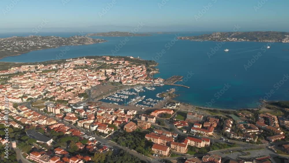 Aerial view of Palau town port and Santo Stefano with La Maddalena islands. Province of Olbia-Tempio, Sardinia, Italy, Europe Aerial view of Palau town port and Santo Stefano with La Maddalena islands. Province of Olbia-Tempio, Sardinia, Italy, Europe