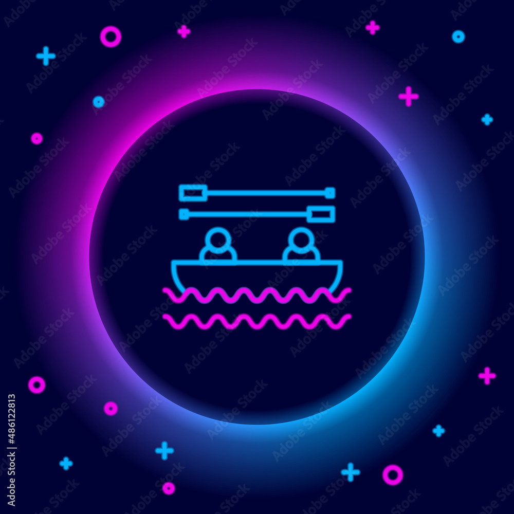 Glowing neon line Boat with oars and people icon isolated on black background. Water sports, extreme sports, holiday, vacation, team building. Colorful outline concept. Vector
