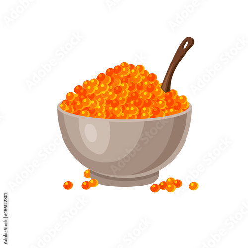 Red salmon caviar in a bowl with wood spoon. Fish roe - healthy luxury delicacy. Vector illustration isolated on white background