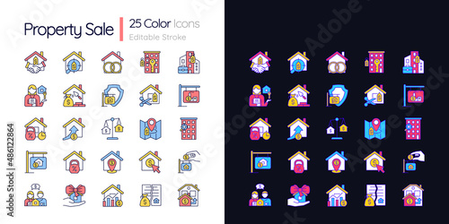 Property sale light and dark theme color icons set. Real estate market. House purchase. Simple filled line drawings. Bright cliparts on white and black. Editable stroke. Quicksand-Light font used