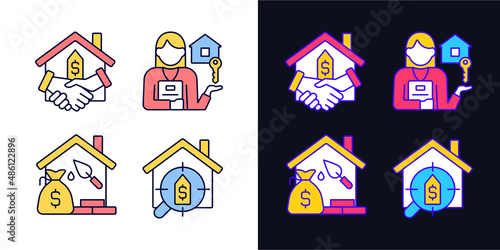 Home buying process light and dark theme color icons set. Real estate agent. Property mortgage. Searching house. Simple filled line drawings. Bright cliparts on white and black. Editable stroke