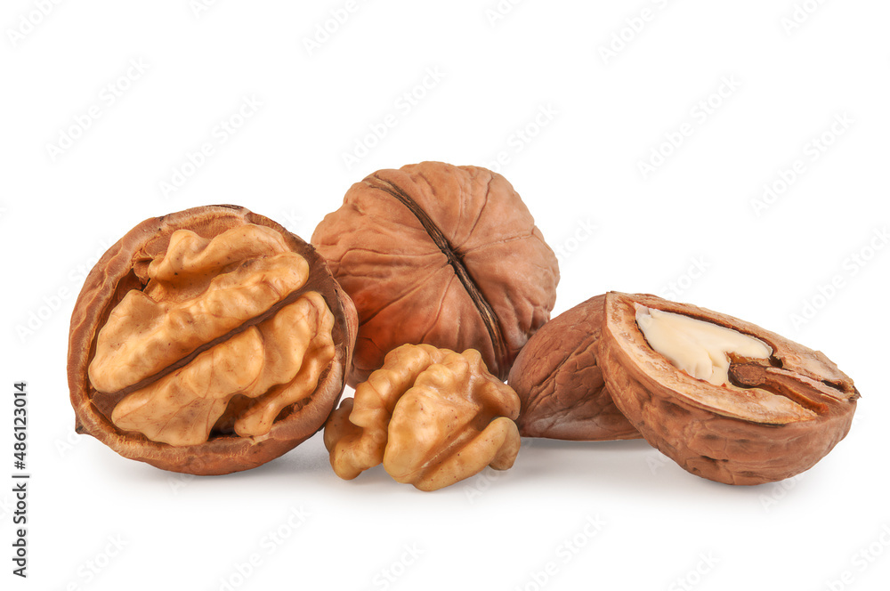 fresh kernels, broken and whole walnuts close-up isolated on white background fresh kernels, broken and whole walnuts close-up isolated on white background
