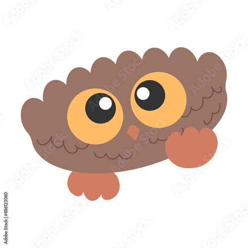 Little Cute Bird Owl with big eyes waving with his leg