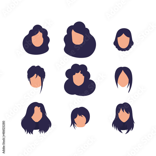 Large Set of Faces Women with different hairstyles and different nationalities. Isolated. Vector.