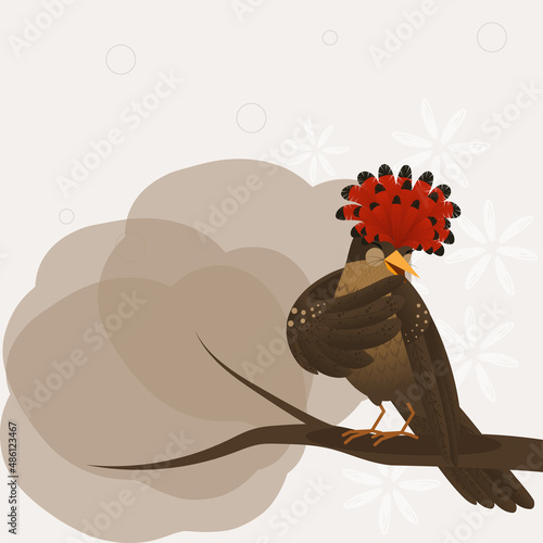 Cartoon hand drawn vector illustration of a laughing royal flycatcher bird on light background in flat style. 