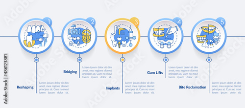 Aesthetic dentistry procedures circle infographic template. Gum lifts. Data visualization with 5 steps. Process timeline info chart. Workflow layout with line icons. Lato-Bold, Regular fonts used