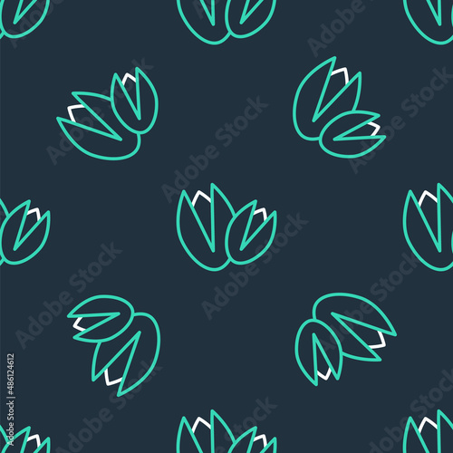 Line Pistachio nuts icon isolated seamless pattern on black background. Vector