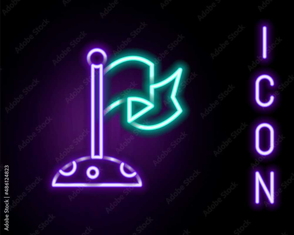 Glowing neon line Moon with flag icon isolated on black background. Colorful outline concept. Vector Glowing neon line Moon with flag icon isolated on black background. Colorful outline concept. Vector